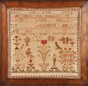 SAMPLER: c1836 By Hannah Watson of Beverley aged 9 years. Flowers & birds amongst text & numbers. 20th century framing, 54 x 52cm overall. Good condition