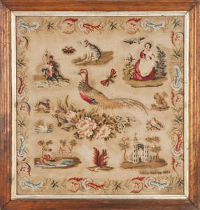 SAMPLER: c1844 By Belinda Harrap. Unusual montage style display with soldier on horseback, castle & country house, mother & child all surrounding a magnificant pheasant with animals & floral border. 19th Century birdseye maple frame with old glass. 65 x 6