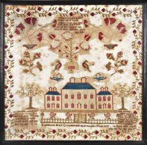 SAMPLERS: c1845 By Elizabeth Bray, Crosland Hill near Huddersfield, nice floral motif amongst text & manor house (stained, fair condition) 68 x 66cm framed; unsusal needlework map of Great Britain with flags & crest. 66 x 64cm framed & glazed. Good condit