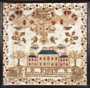 SAMPLERS: c1845 By Elizabeth Bray, Crosland Hill near Huddersfield, nice floral motif amongst text & manor house (stained, fair condition) 68 x 66cm framed; unsusal needlework map of Great Britain with flags & crest. 66 x 64cm framed & glazed. Good condit