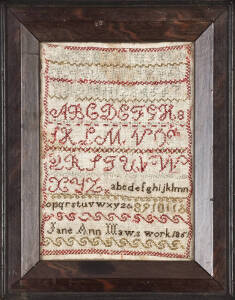 SAMPLERS: c1851 by Jane Ann Maws needlepoint stitched alphabet & numbers in timber frame; c1881 by Dora Fussey aged 9 years & 11 months "Psalm 118 Verse 8" in original oak frame. Both glazed with 19th century glass. G/VG condition