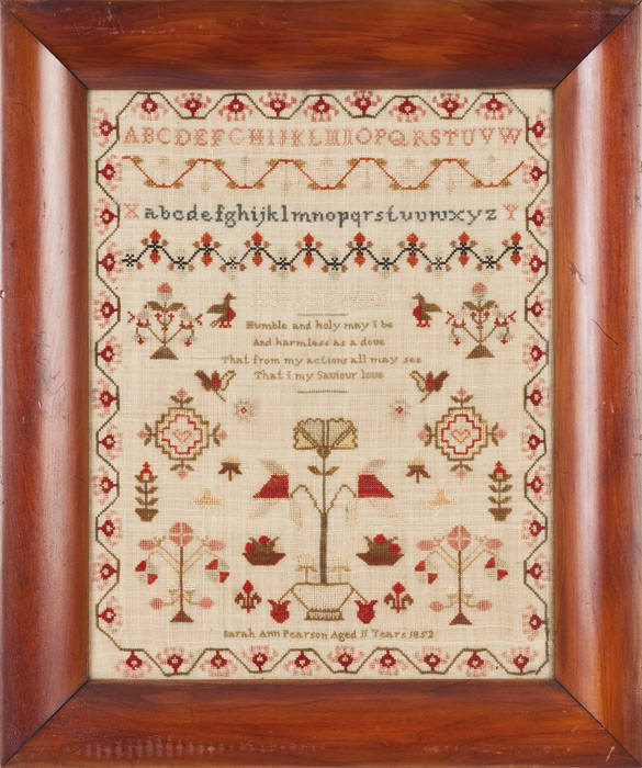 SAMPLER: c1852 By Sarah Ann Pearson aged 11 years. Lovely folk art floral needlework display with birds & text. Timber framed with old glass, 49 x 41cm overall. VG condition