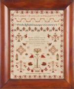 SAMPLER: c1852 By Sarah Ann Pearson aged 11 years. Lovely folk art floral needlework display with birds & text. Timber framed with old glass, 49 x 41cm overall. VG condition