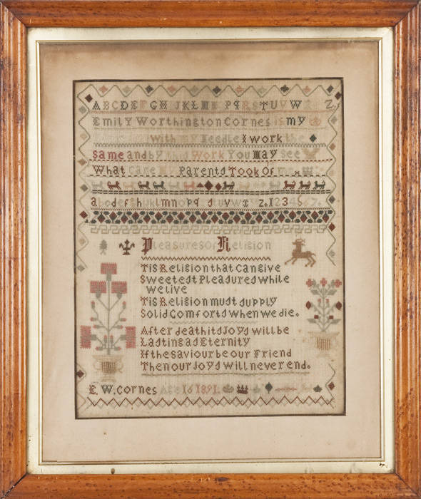 SAMPLER: c1891 By Emily Worthington Cornes aged 16. Needle work with flowers & animals amongst rhymes & text "Pleasures of Religion". Presents very well in original birdseye maple frame, window mounted & glazed with 19th century glass. 64 x 54cm overall.