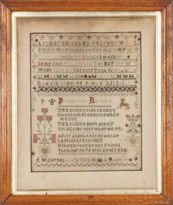 SAMPLER: c1891 By Emily Worthington Cornes aged 16. Needle work with flowers & animals amongst rhymes & text "Pleasures of Religion". Presents very well in original birdseye maple frame, window mounted & glazed with 19th century glass. 64 x 54cm overall. 