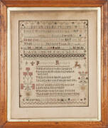 SAMPLER: c1891 By Emily Worthington Cornes aged 16. Needle work with flowers & animals amongst rhymes & text "Pleasures of Religion". Presents very well in original birdseye maple frame, window mounted & glazed with 19th century glass. 64 x 54cm overall.