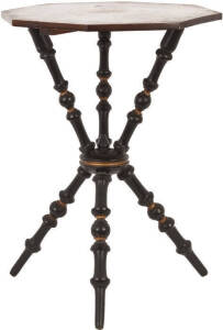 AUSTRALIANA: Fine Antique splatter work Gypsy/wine table c1880. Octagonal top decorated with stencil work fern & wattle motif. Tripod base with ebonized turned legs & gilt highlights. Original patina, slight water damage spot on top. H. 66cm. VG condition