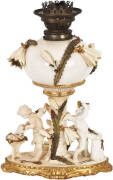 MOORE BROTHERS c1880s antique porcelain kerosene lamp. Applied floral decoration in the form of flowering cactus with 2 cupid blacksmith figures. Duplex black button single burner with bayonet mount. As is condition, damage to porcelain. Extremely rare.