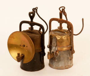 Miners lamps (2) 19th century carbide types, ex Broken Hill; Hand forged heavy chain, 19th century. Good rustic condition.