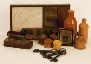 Colonial pottery ink bottles (7) possible Bendigo; Ambrotype portrait photograph of a girl; antique tobacco cutter; antique keys (4) Ex Ballarat Gaol; Goldrush era pill making machine Ex Ballarat (Rare). VG condition