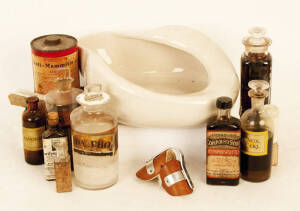 MEDICAL: Antique & vintage bottles & jars (15), bedpan; bandages (15); thumb splint. Mixed condition