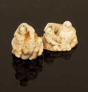 NETSUKE: Japanese carved ivory devil face mask; climbing monkey, plus (2) seated figural groups. VG condition