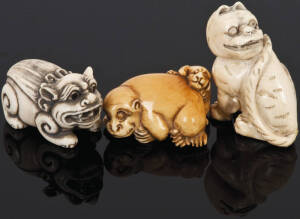 NETSUKE: Japanese carved ivory monkey & (2) temple lions all with makers marks. Late Meiji, excellent condition