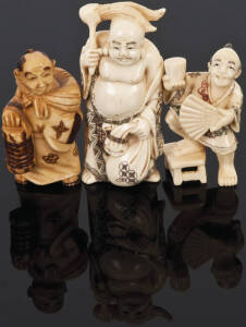 NETSUKE: 3 Japanese carved ivory figures with engraved hand coloured finish. 5-6cm each. VG condition