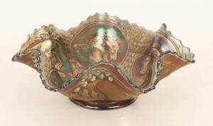 CARNIVAL GLASS: Cobalt "Horse Medallion" bowl 18cm; Marigold "Imperial Windmill" bowl 19cm; antique amber glass basket (small chip on rim).