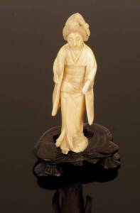 Chinese ivory carved figures (2) & Japanese carved ivory Geisha statue. Early 20th century (damaged), 12cm, 14cm & 20cm