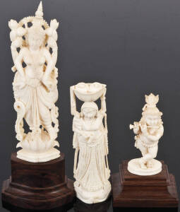 Indian carved ivory Hindu figures. Two on wooden bases. 7cm, 12cm & 14cm, old patina VG condition