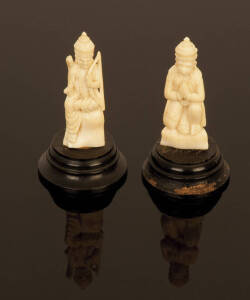 IVORY: 2 carved Indian Hindu God figures & 2 carved seated Buddhas (one in glass dome with carved cork diorama). Halo misssing on one Buddha statue otherwise good condition.