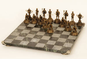 "The Collectors Chess Set - A Celebration Of The Great Game Of Golf - Fort Since 1945". Handsome chess set with pewter golfing pieces & green marble board, all housed in green presentation box (box water damaged). Set in excellent condition.