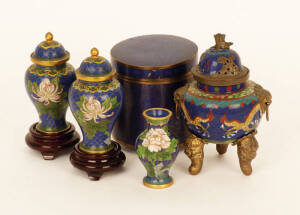 CLOISONNE: Collection of Chinese vases (6); dragon censer; dragon tea cup & saucer; lidded jar; dish; worry balls in box & napkin rings (5). G/VG condition