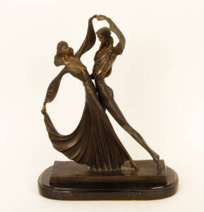 BRONZE STATUE: Figure group of a dancing couple. Limited edition 60/100 stamped "Chiparus", mounted on a black marble base. Late 20th century. 48cm, Excellent condition