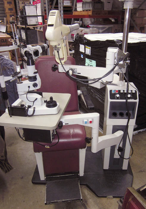 OPTOMETRIST CHAIR: Impressive late 20th century electrified adjustable chair by "Rodenstock" (West Germany) with "Takagi" accessories tower & fittings. BEST OFFER.