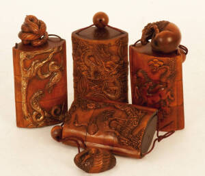 INRO: Collection of Japanese carved boxwood Inro with predominantly animal motifs, each one with accompanying netsuke & ojime. 20th century. Excellent condition