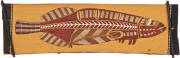 BARK PAINTING: "The Dreamtime Story About The Barramundi". Sign lower right "RAK.", Jumkinburri tribe with paper label verso. 51 x 15cm. Excellent condition