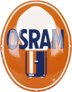 ENAMEL SIGN on tin, "OSRAM" German Multinational lighting company. Convex oval shape in striking orange, blue and white. Some minor enamel loss to the edge. 50 x 39cm. VG condition