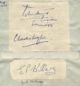 1953 BRITISH EVEREST EXPEDITION: Autograph page with 10 signatures of expedition members laid down on both sides - Edmund Hillary, Tenzing Norgay, expedition leader John Hunt, Charles Wylie, Michael Westmacolt, George Lowe, Michael Ward, George Band, Tom 