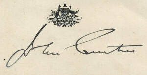 JOHN CURTIN (1885-1945, 14th Prime Minister of Australia), nice signature on visiting card with Australian Coat-of-Arms.