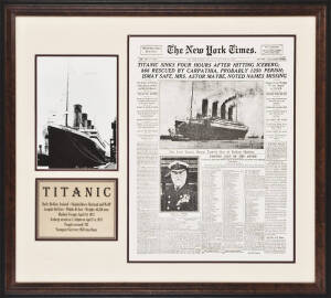 MILLVINA DEAN (recently deceased, last survivor of the "Titanic"), nice signature on photograph of the "Titanic", window mounted with photo of front page of 'The New York Times', framed & glazed, overall 84x76cm.