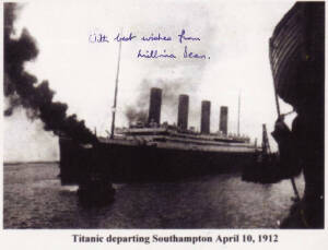 MILLVINA DEAN (recently deceased, last survivor of the "Titanic"), nice signature on reprinted photograph of the "Titanic" departing Southampton. {Also see "Titanic" postcard lots}.