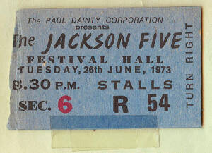 JACKSON FIVE: c1972-73 Autograph Book with 1973 tickets (3) to The Jackson Five at Festival Hall; signatures of Michael Jackson, Germaine Jackson & Randy Jackson; 6 signatures of Australian support band Mississippi; also signatures of members of Blue Echo