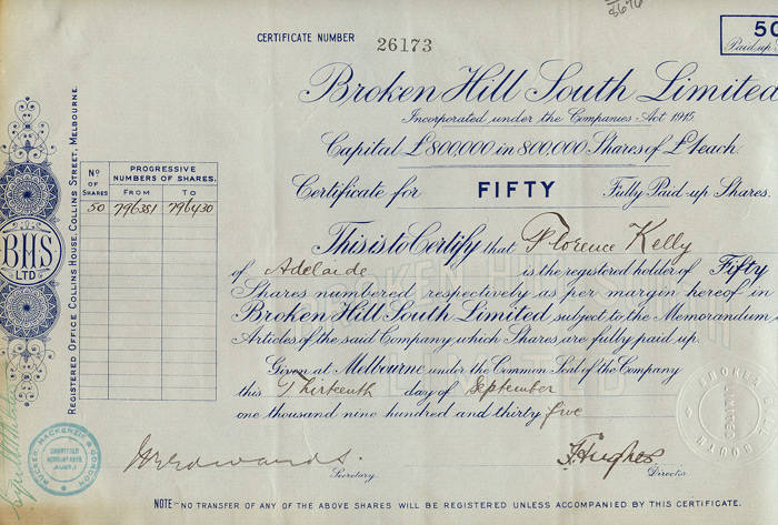 1922-36 Broken Hill South Limited share certificates (5). Also two 1930s pen drawings by Clifford Gold.