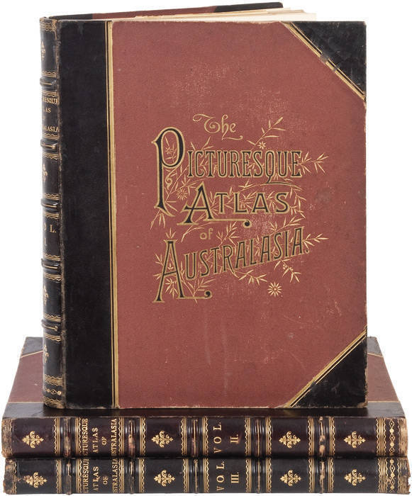 PICTURESQUE ATLAS OF AUSTRALASIA, published in Sydney [c1886]. Three volumes folio in half morocco with gilt lettering on the spine. Corners & edges bumped and rubbed but all three volumes firm & complete. A beautiful set that presents very well. VG condi