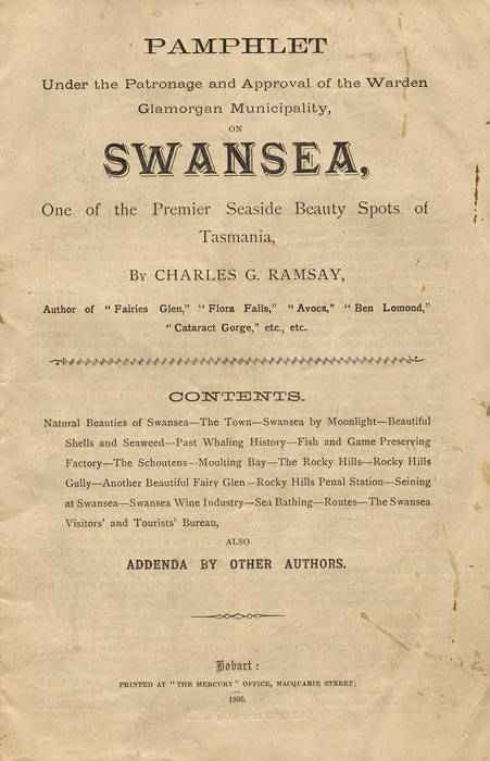 TASMANIA: Collection of historical themed booklets & pamphlets. Noted "Pamphlet...on Swansea" c1895; "Battery Point Today & Yesterday"; "God Was Their Rock"; "The Story of Port Dalrymple". Fascinating group. VG condition.