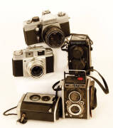 Remains of collection: Box Brownies (18); expanding cameras (4); Voigtlander (2); others (14). Fair condition