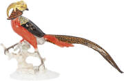 HUTSCHENREUTHER PHEASANT: Lorenz Hutschenreuther Porcelain Bisque Pheasant Figurine, c1950, hand painted, hand fired, made in Germany, in mint condition. Initialed to base M F, Top of base marked K.Tutter, Artist.