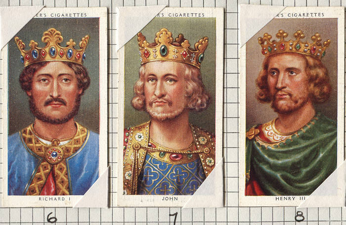 c1912-38 cigarette cards in album, noted 1915 Wills "War Incidents" [50]; 1935 Players "Kings & Queens of England" [49/50]; 1912 Wills "British Empire Series" [50]. Poor/VG.