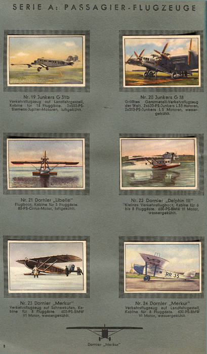 "SABA-Schiffsbilder": Very attractive German c1931-33 complete set of (252) cards in original colour lithographed album tracking the development of shipping, Merchant ships & War ships; "Die Eroberung Der Luft" (155) German cigarette cards, part set. Hous