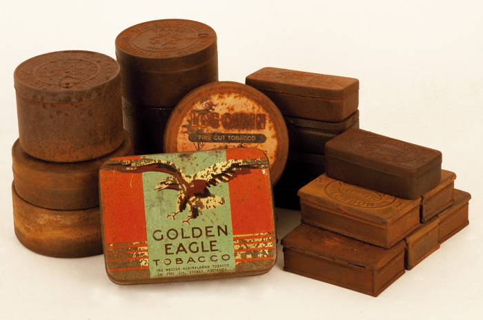 TINS: Collection of tobacco & match tins; R.Bell & Co. of London no.4 vestas/matches (10) with three variations; W.D.& H.O.Wills tobacco (4); Champion tobacco; Log Cabin & Golden Eagle. Collected in the Victorian goldfields, rustic condition.