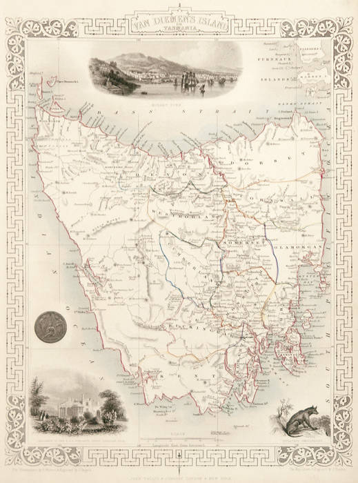 JOHN TALLIS: "New South Wales", "Part of South Australia", "Van Diemen's Island or Tasmania" & "Western Australia, Swan River", engraved maps (4) [London, 1851] with beautiful engraved vignettes (including Aborigines) & hand-coloured outlines, each 27x37c