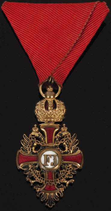 ORDER OF FRANZ JOSEPH Knights Cross, enamel on gilded bronze with red ribbon; Sash for Order of Franz Joseph in Red & white. Excellent condition