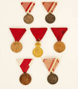 Collection of Austro-Hungarian medals: Silver Bravery medals (3); Bronze Bravery medal 3rd issue; Military Medal of Merit (Signun Laudis); Honour Medal of Service (40 years); Bronze Jubilee Commemoration Medal; Bronze Medal for Civil Service employees. VG