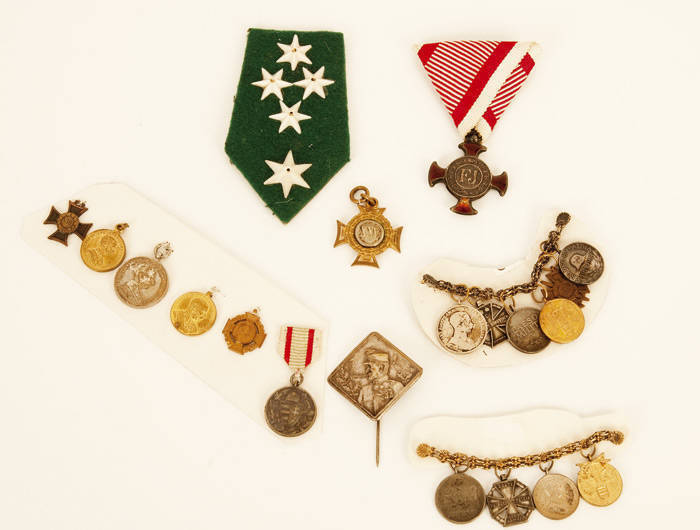 Remains of collection: Austro-Hungarian mini medals (18); Silver Cross of Merit; buttons; pins; gold coin etc.