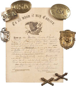 AMERICAN CIVIL WAR group of artifacts; Noted Union Army "Discharge" certificate for Martin Vance Clark (private) of the Ohio Vol. Militia wounded at GETTYSBURG; Confederate $20 note; bayonet; belt buckles (4); Artillery hat badges (2); buttons (9); cantee