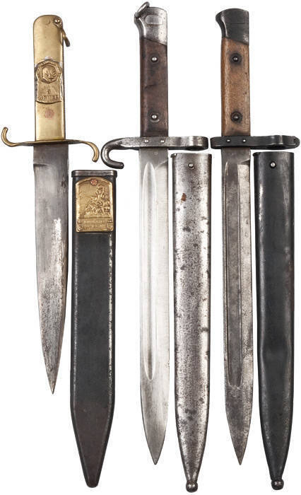 Austrian Trench knife with small Isonzo-Armee 1915 badge on the scabbard & "VIRIBUS UNITIS" badge on the brass handle. The SMS Viribus Unitis was one of the Empires prized warships, she was sunk by a daring Italian raid in 1918 without ever going into bat