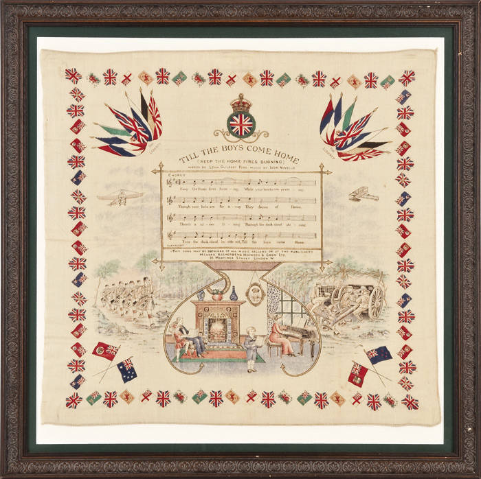 WWI silk handkerchiefs: Each one emblazoned with military scenes, flags and patriotic limericks, "TILL THE BOYS COME HOME", and "FALL IN". 50 x 50cm, Framed and in G/VG condition.