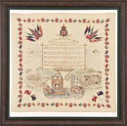 WWI silk handkerchiefs: Each one emblazoned with military scenes, flags and patriotic limericks, "TILL THE BOYS COME HOME", and "FALL IN". 50 x 50cm, Framed and in G/VG condition.